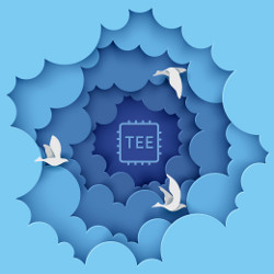 white birds, fluffy clouds, and 'TEE' chip, illustration