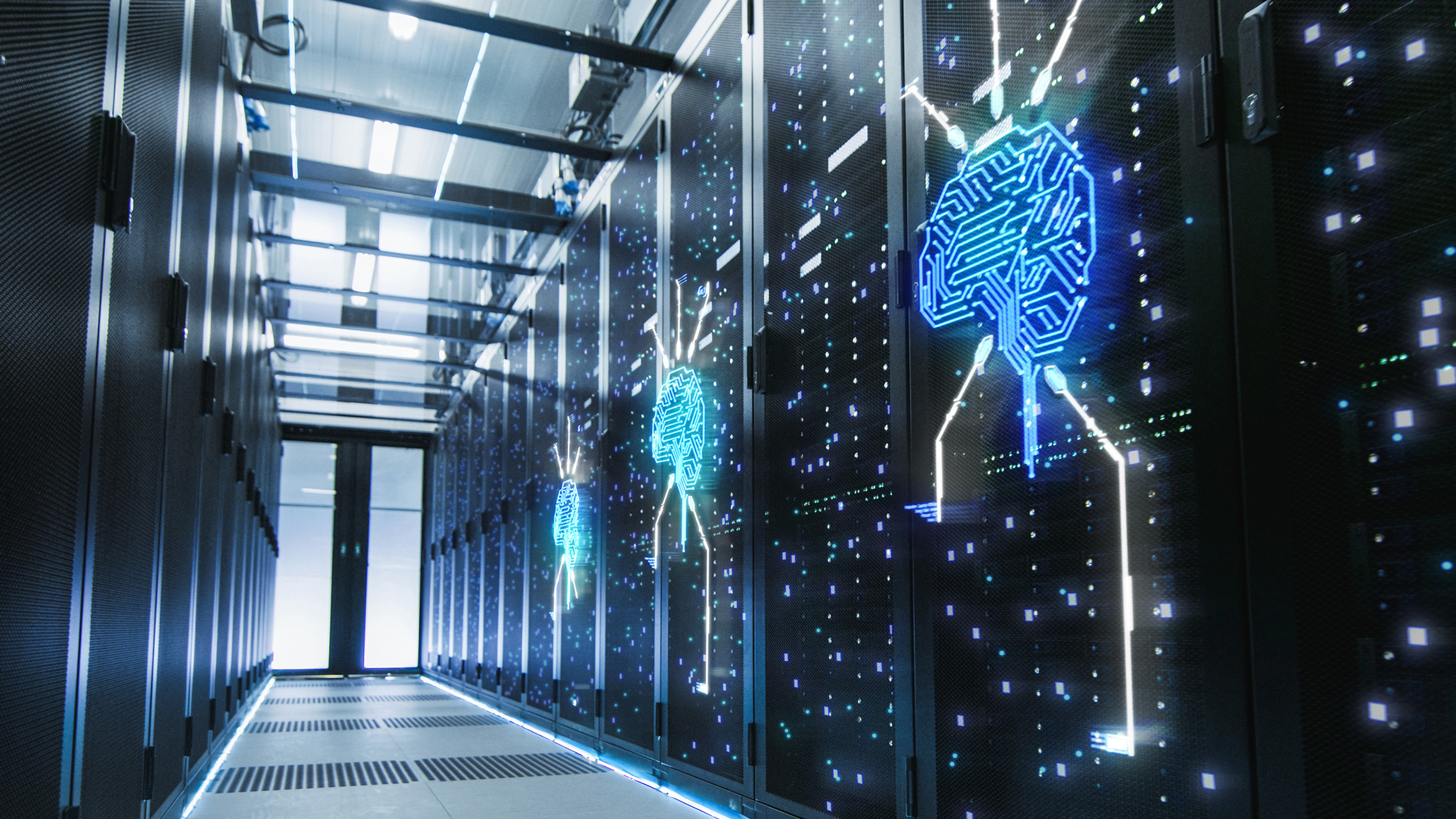 brain icons on an aisle of computers