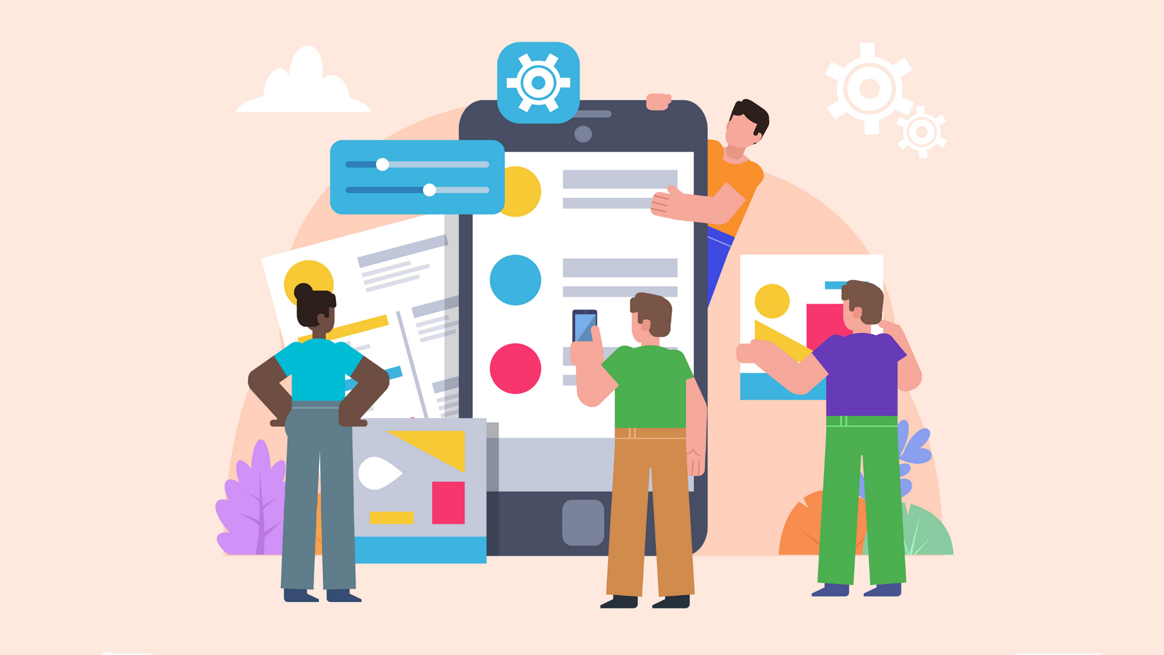 team of developers around an oversized mobile phone, illustration