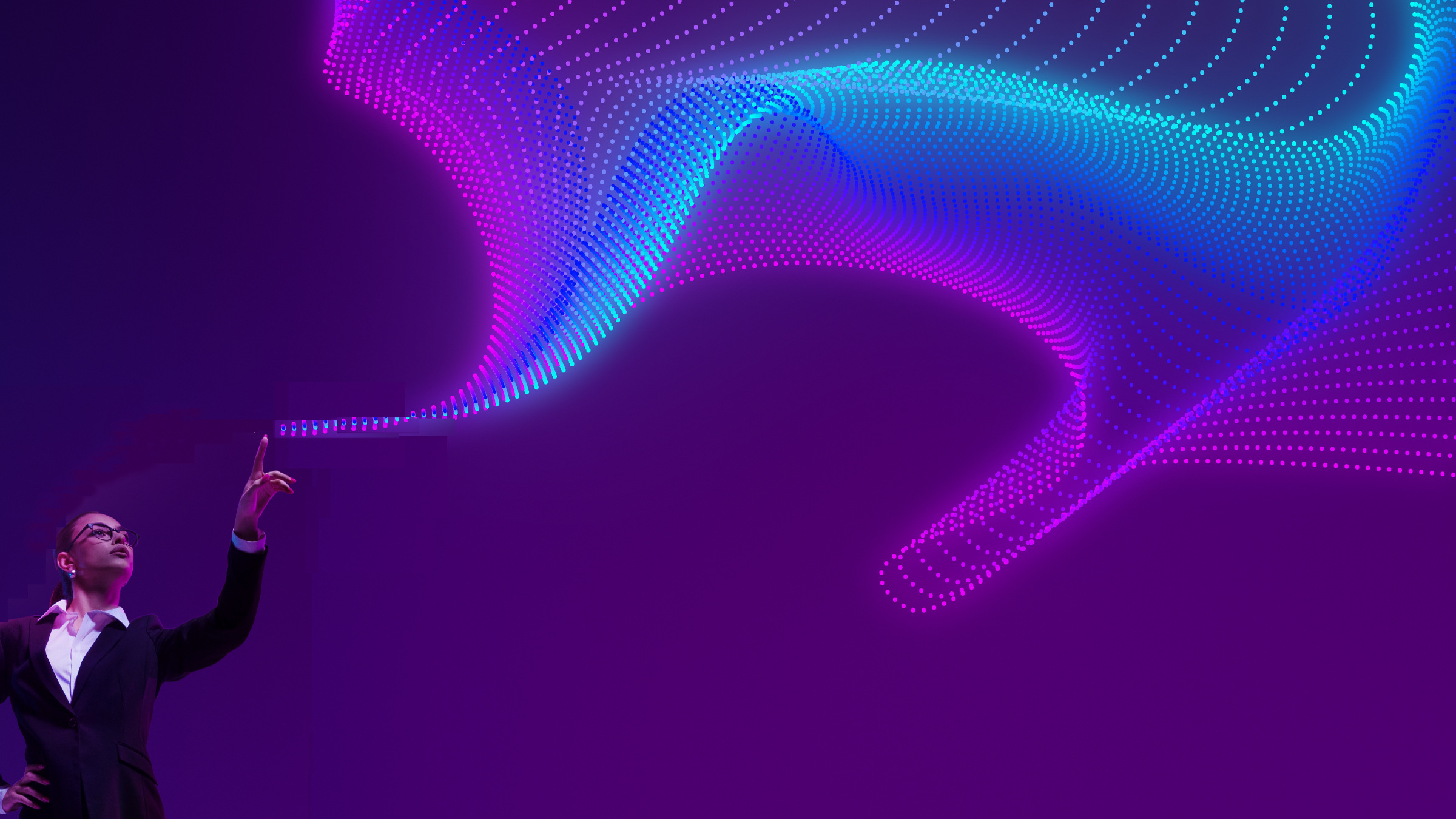 businesswoman gestures towards swirling digital display, illustration