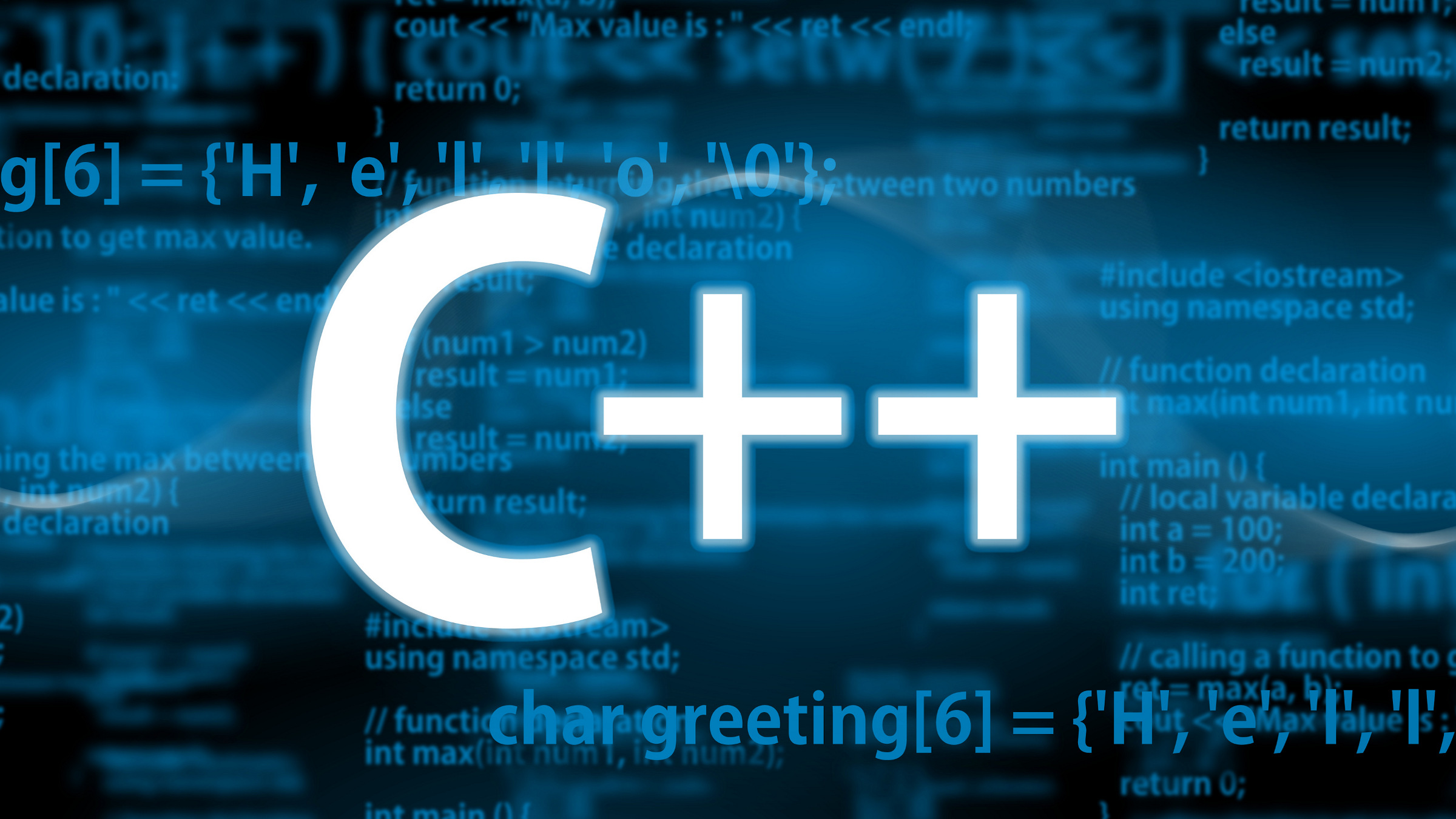 C++ code on dark background and the word C++