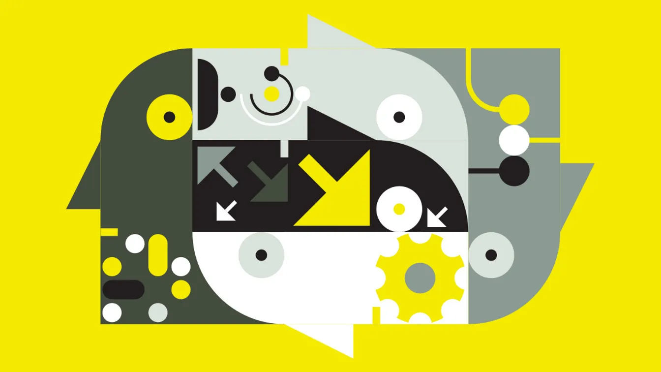 combination of faces, arrows, and gears, illustration