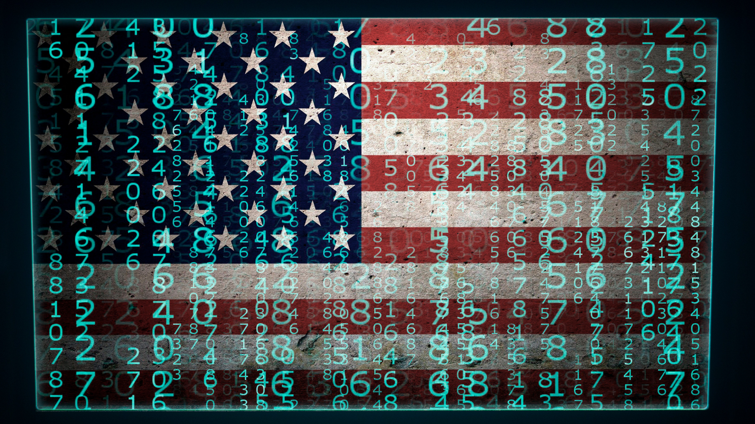 numeric code in front of an American flag on a screen