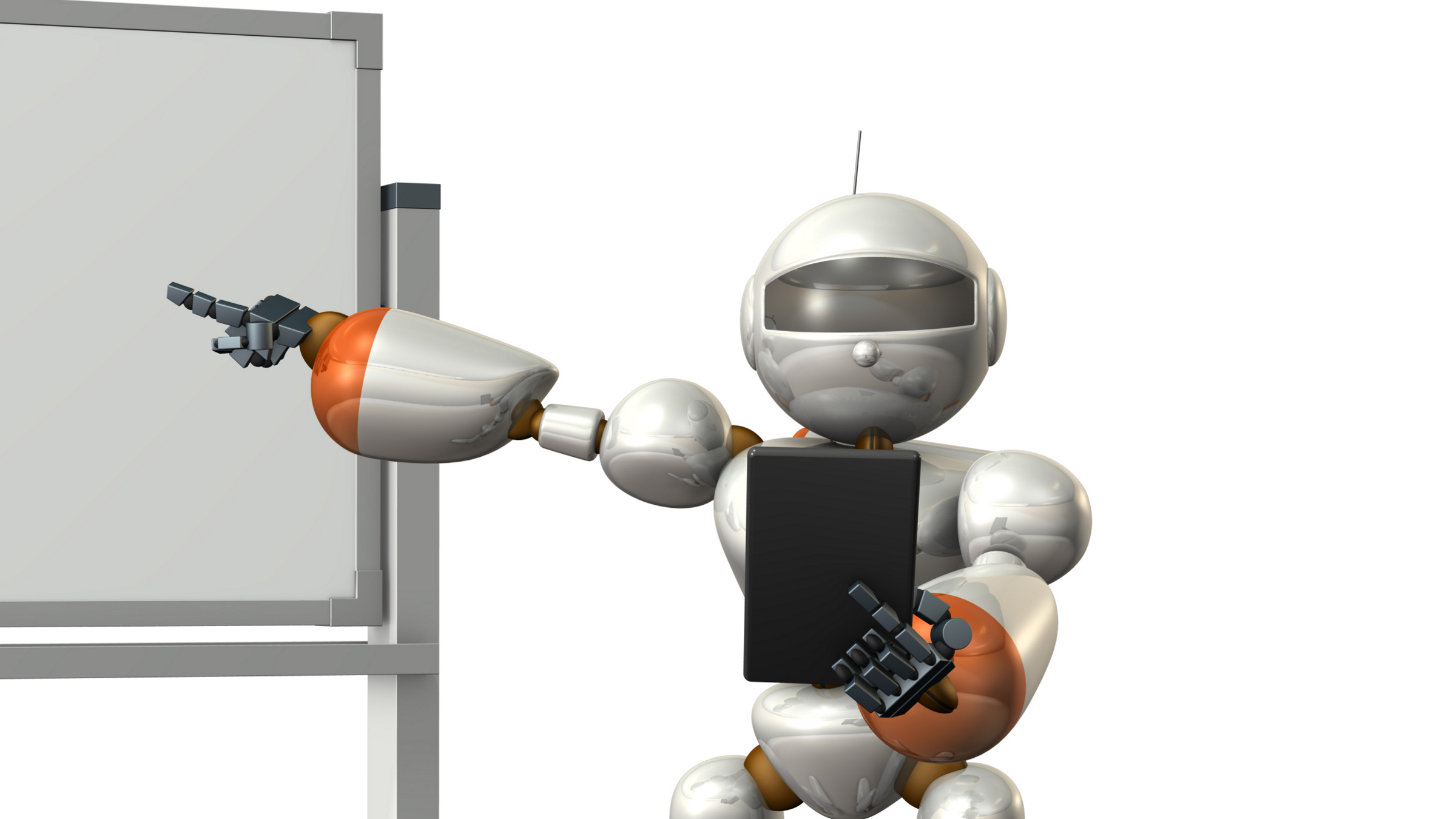 robot pointing at whiteboard, illustration