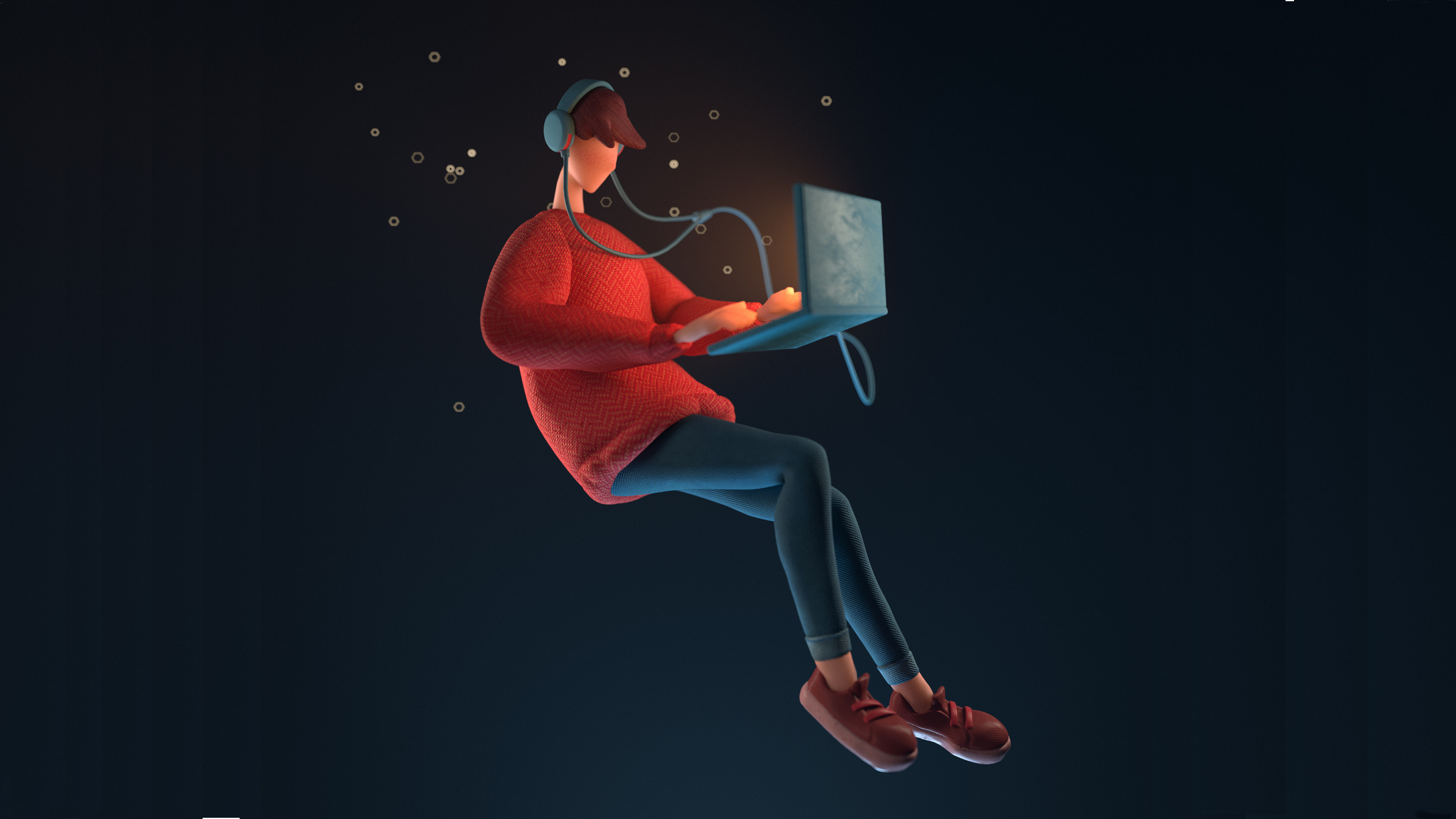 guy wearing headphones floating in air with a laptop computer, illustration