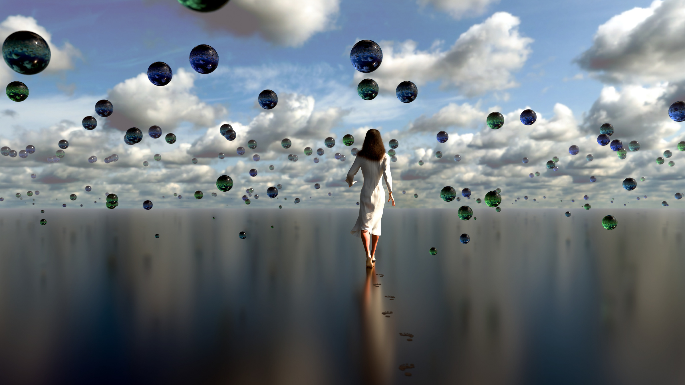 woman in white dress and bare feet walking in surreal landscape of floating orbs